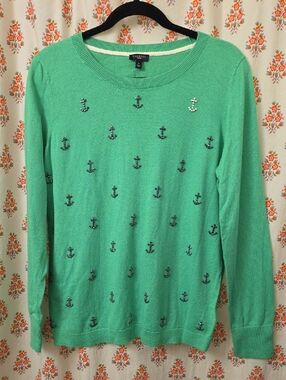 Talbots Mint Green Crewneck Sweater with Jeweled Anchors